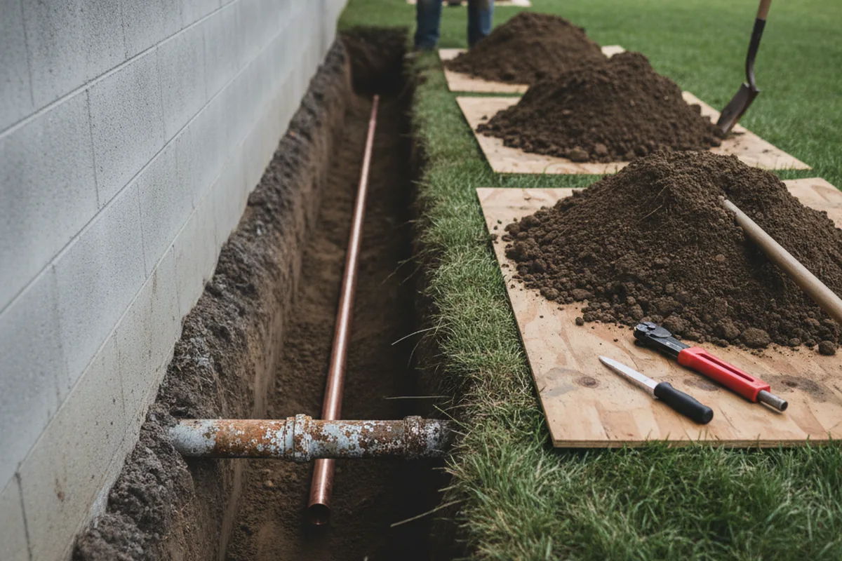 Excavated water line trench during Water Heater Repair in Waseca